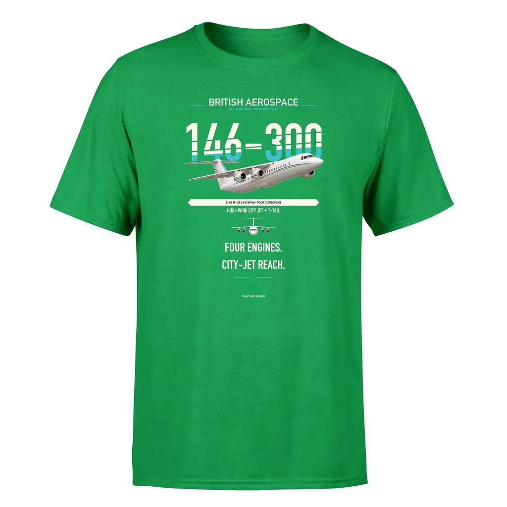 BAe 146-300 design on green double-side t-shirt, single-side print