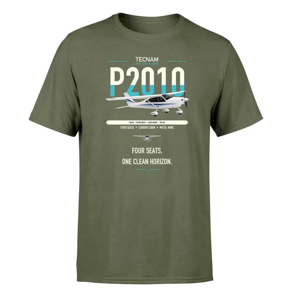 Tecnam P2010 design on green army t-shirt, single-side print