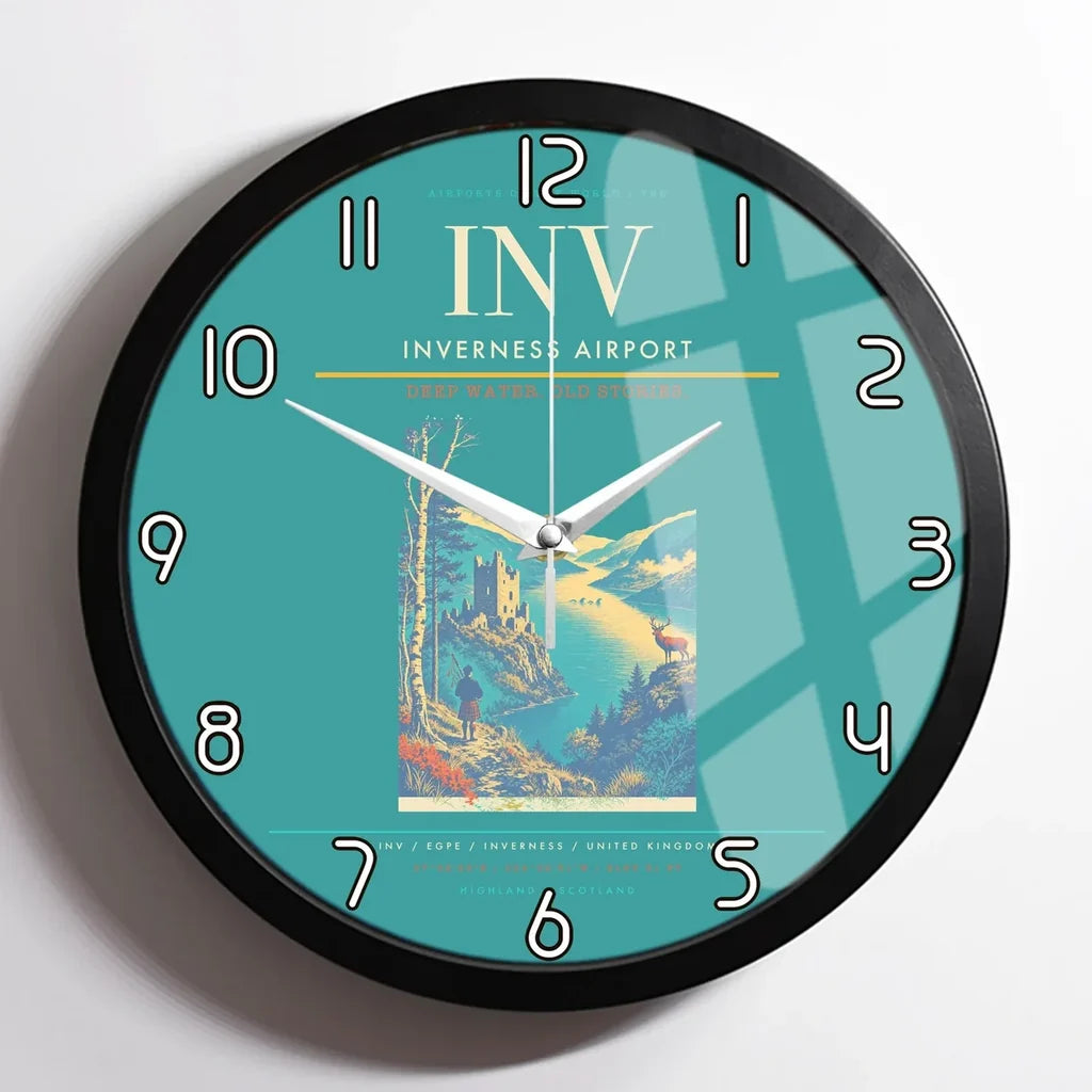 Inverness Airport (INV) design on turquoise framed wall clock