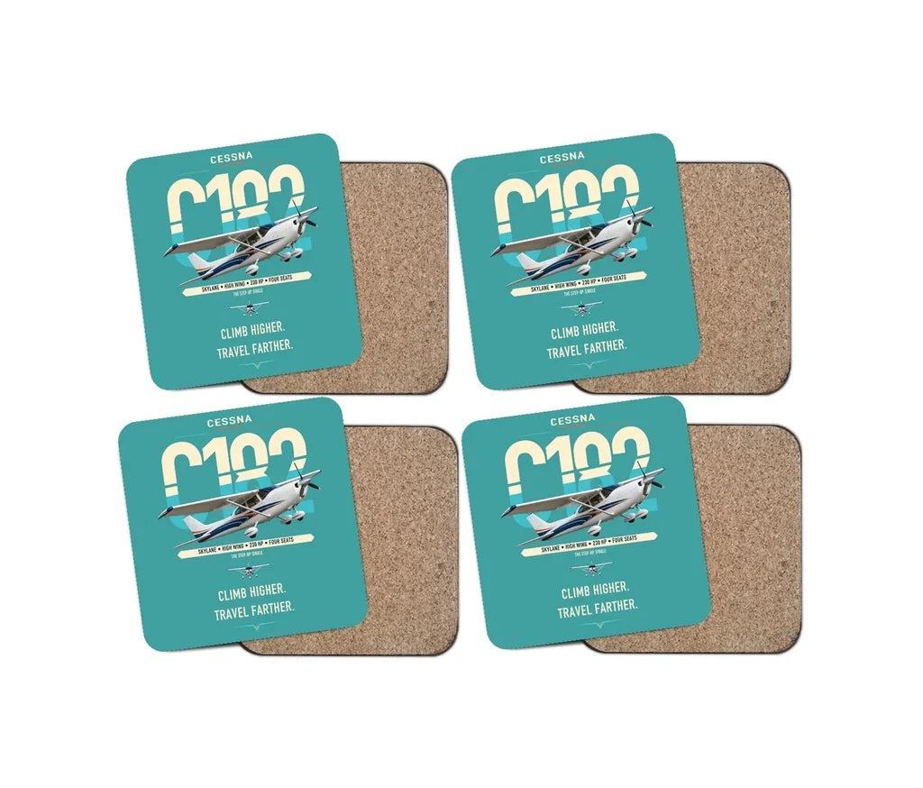 Cessna 182 Skylane design on turquoise 4 pieces set coaster