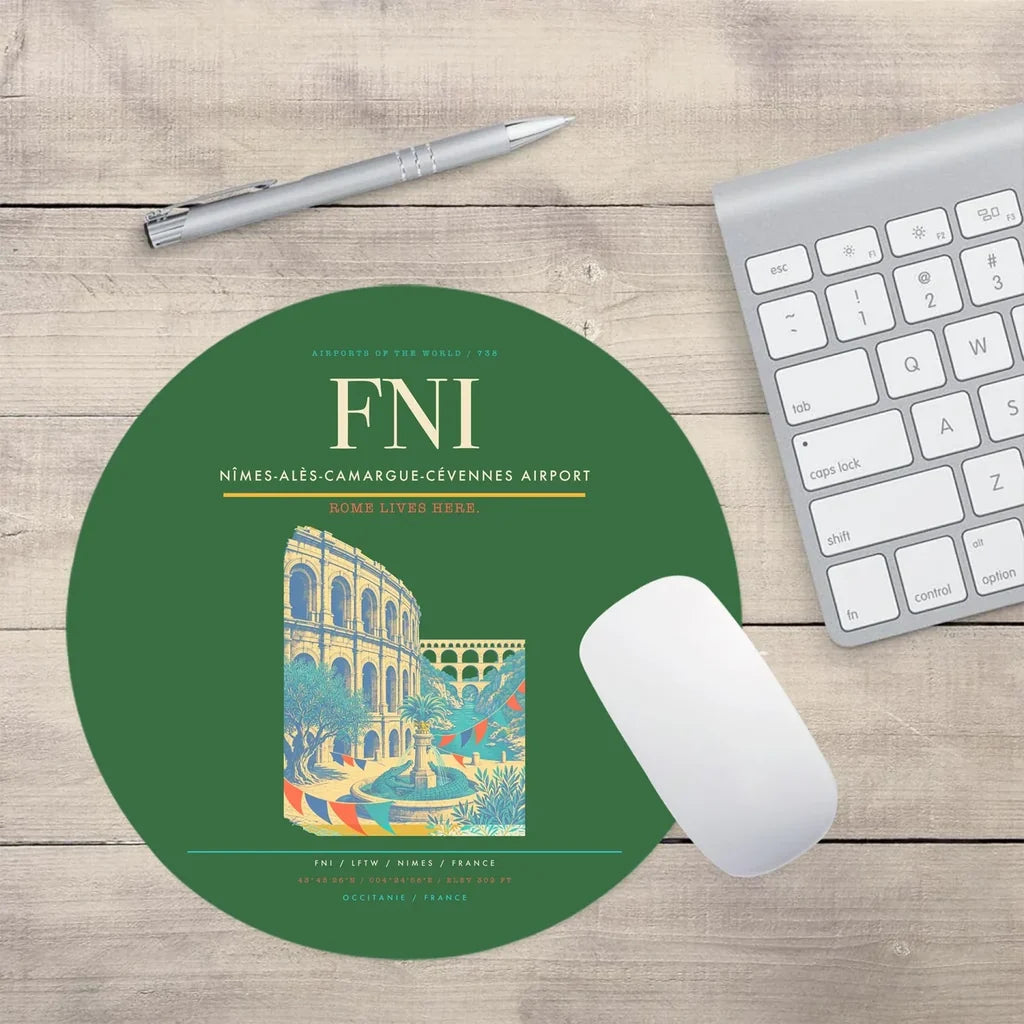 Nîmes-Alès-Camargue-Cévennes Airport (FNI) design on green round mouse pad