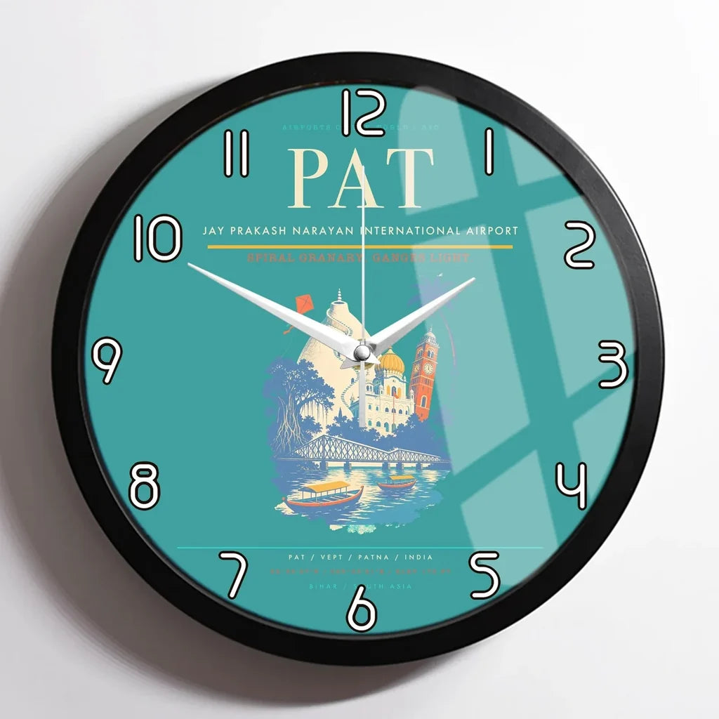 Jay Prakash Narayan International Airport (PAT) design on turquoise framed wall clock