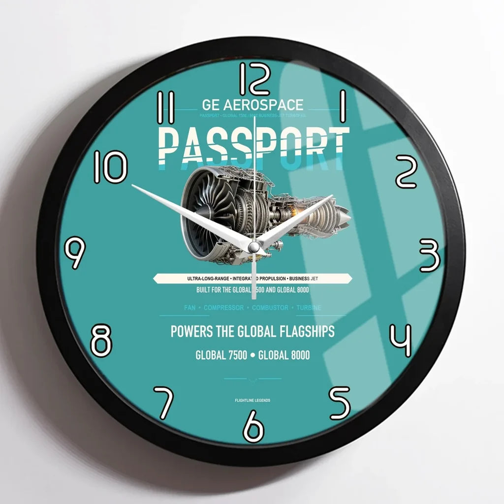 PASSPORT design on turquoise framed wall clock