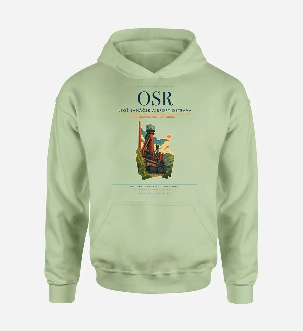 Leoš Janáček Airport Ostrava (OSR) design on light green hoodie single-side print