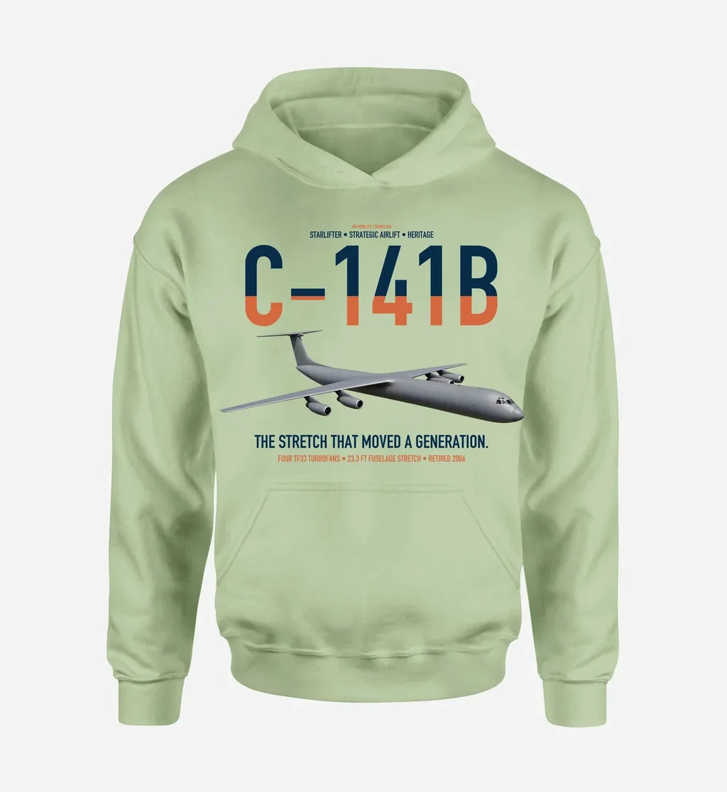 C-141B Starlifter design on light green double-side hoodie, single-side print