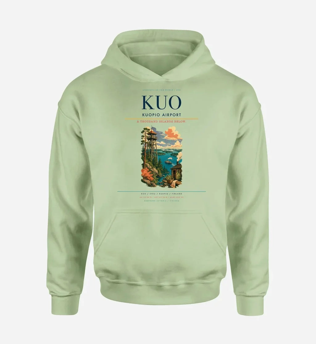 Kuopio Airport (KUO) design on light green hoodie single-side print