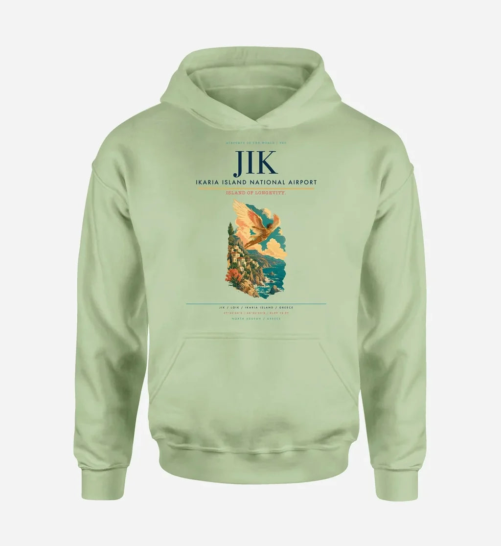 Ikaria Island National Airport (JIK) design on light green hoodie single-side print