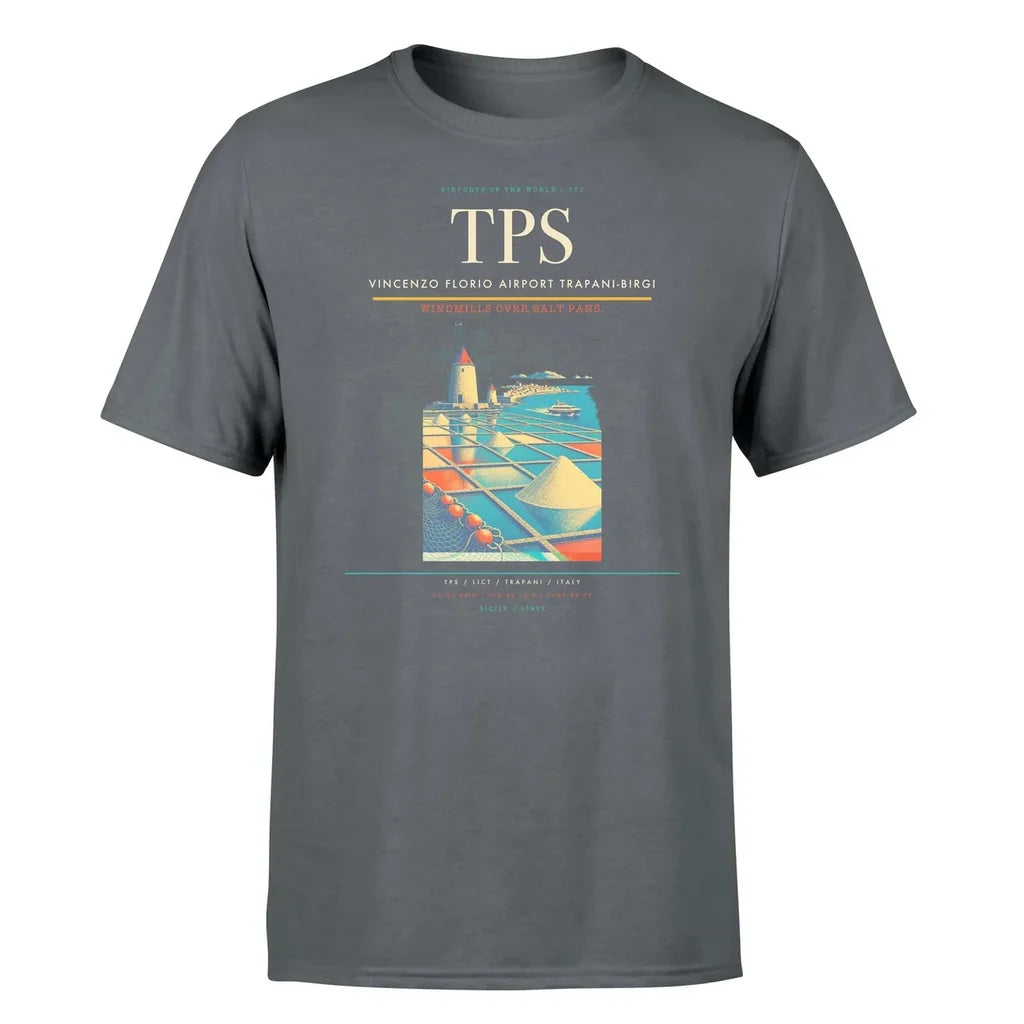 Vincenzo Florio Airport Trapani-Birgi (TPS) T-Shirt single-side front print in Gray | vincenzo-florio-airport-trapani-birgi-tps-double-side-t-shirt