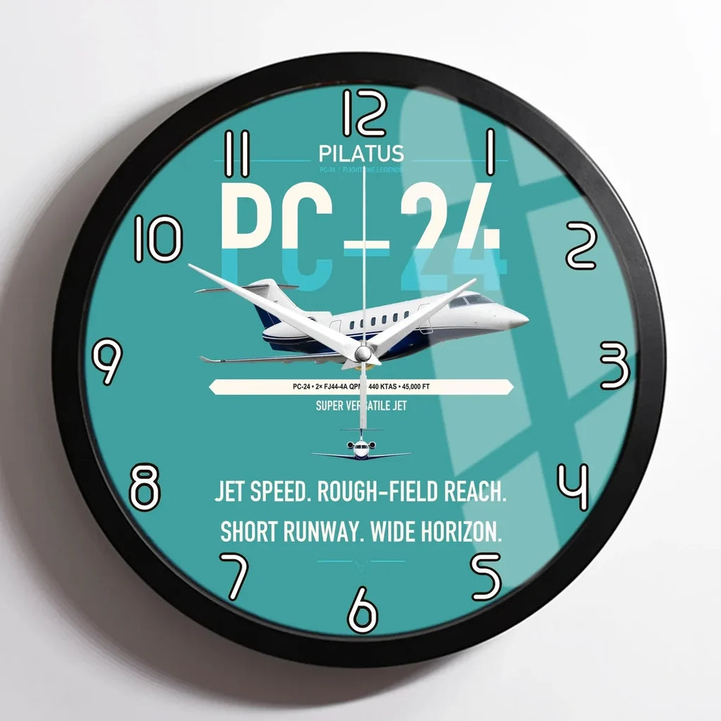 Pilatus PC-24 design on turquoise framed wall clock