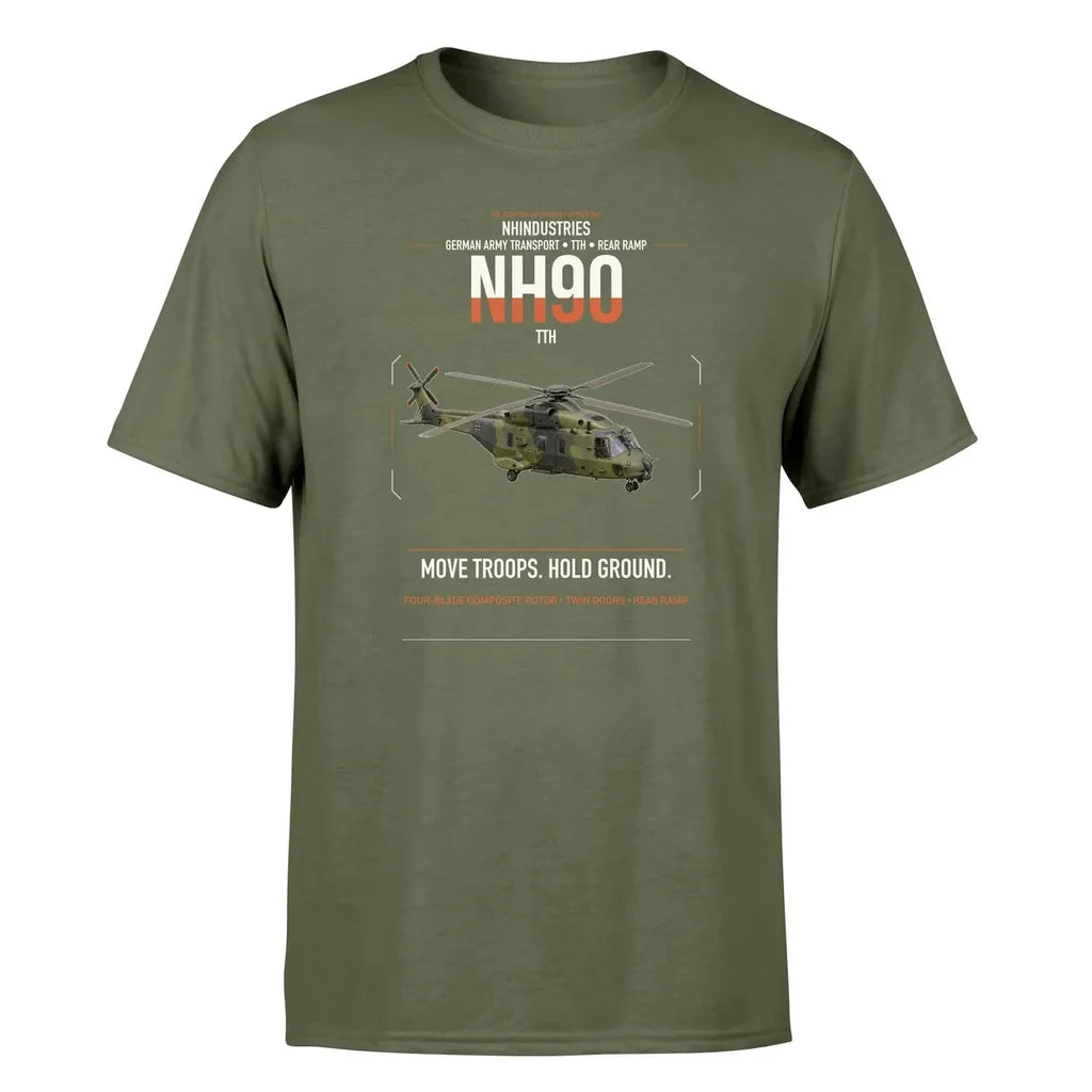 NHIndustries NH90 TTH design on green army t-shirt, single-side print