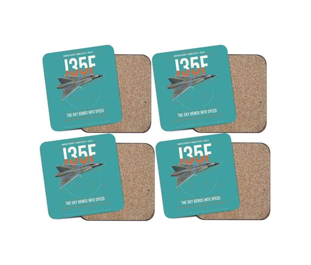 Saab J 35F Draken design on turquoise 4 pieces set coaster