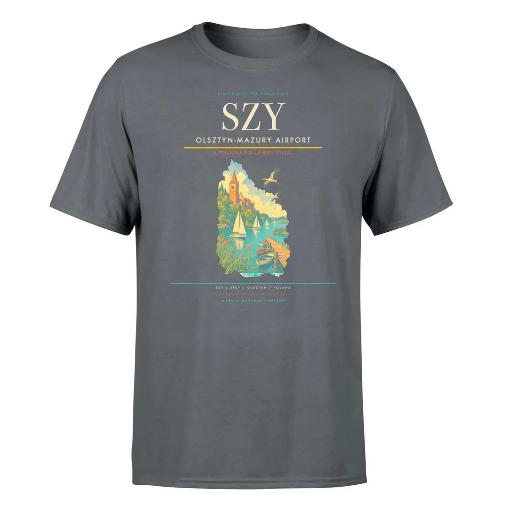 Olsztyn-Mazury Airport (SZY) T-Shirt single-side front print in Gray | olsztyn-mazury-airport-szy-double-side-t-shirt