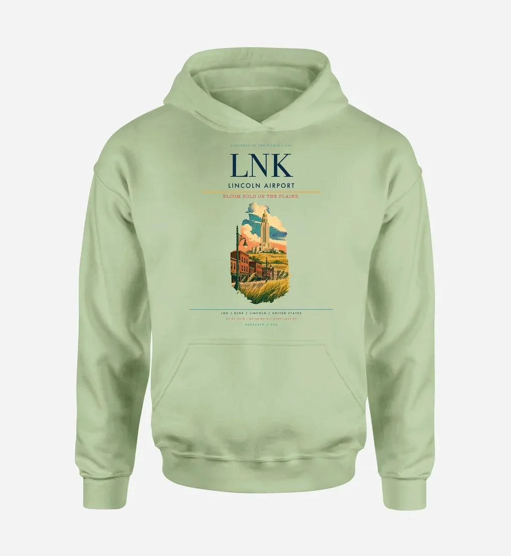Lincoln Airport (LNK) design on light green hoodie single-side print