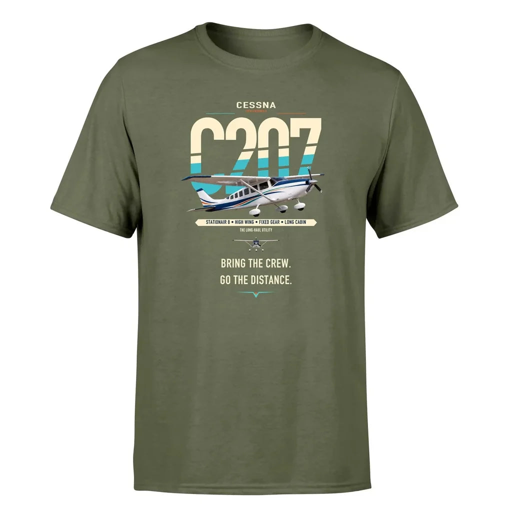 Cessna T207A Stationair 8 design on green army t-shirt, single-side print