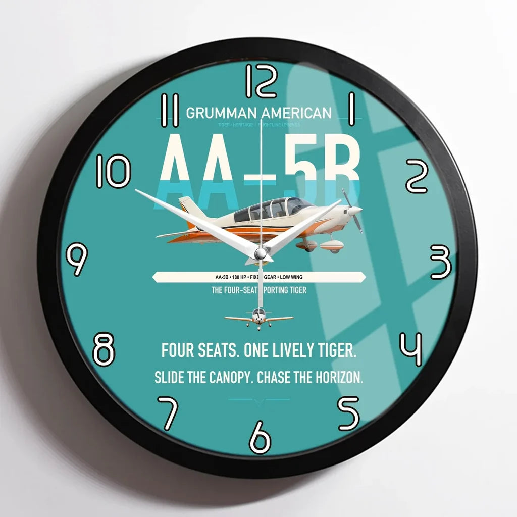 Grumman American AA-5B Tiger design on turquoise framed wall clock
