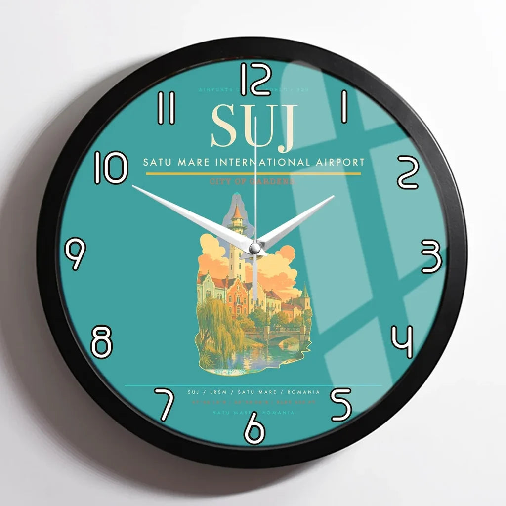 Satu Mare International Airport (SUJ) design on turquoise framed wall clock