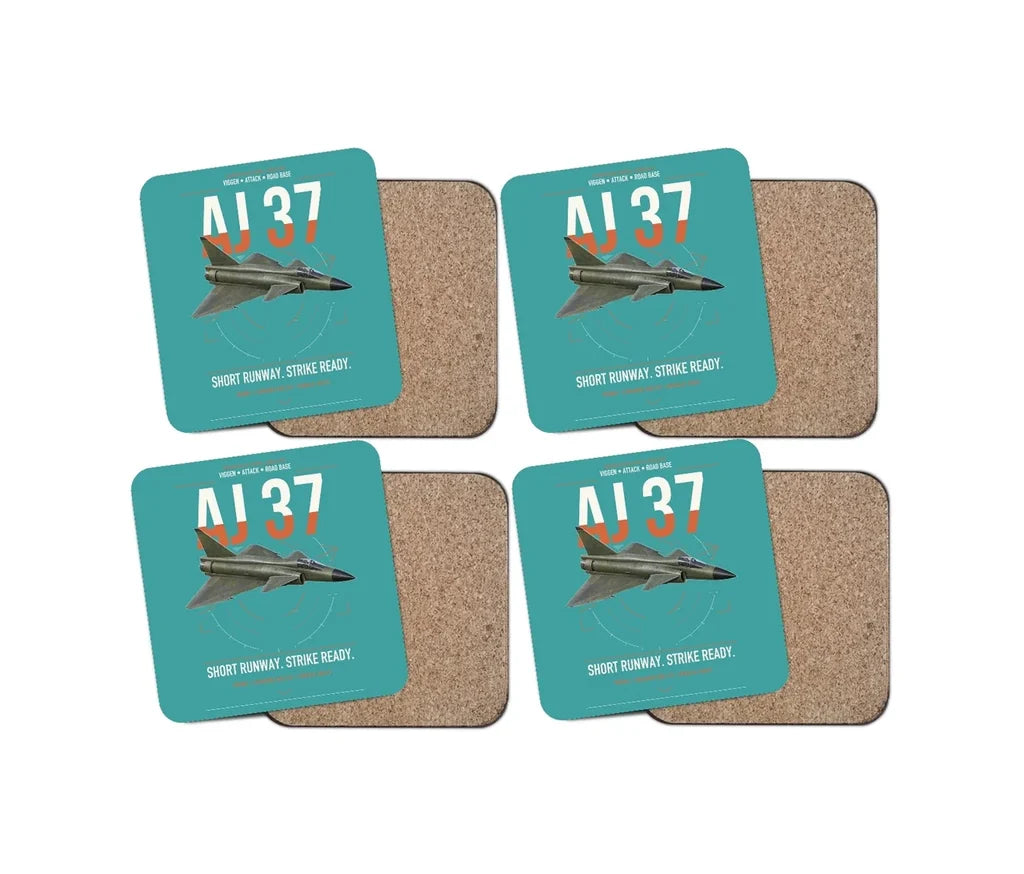 Saab AJ 37 Viggen design on turquoise 4 pieces set coaster