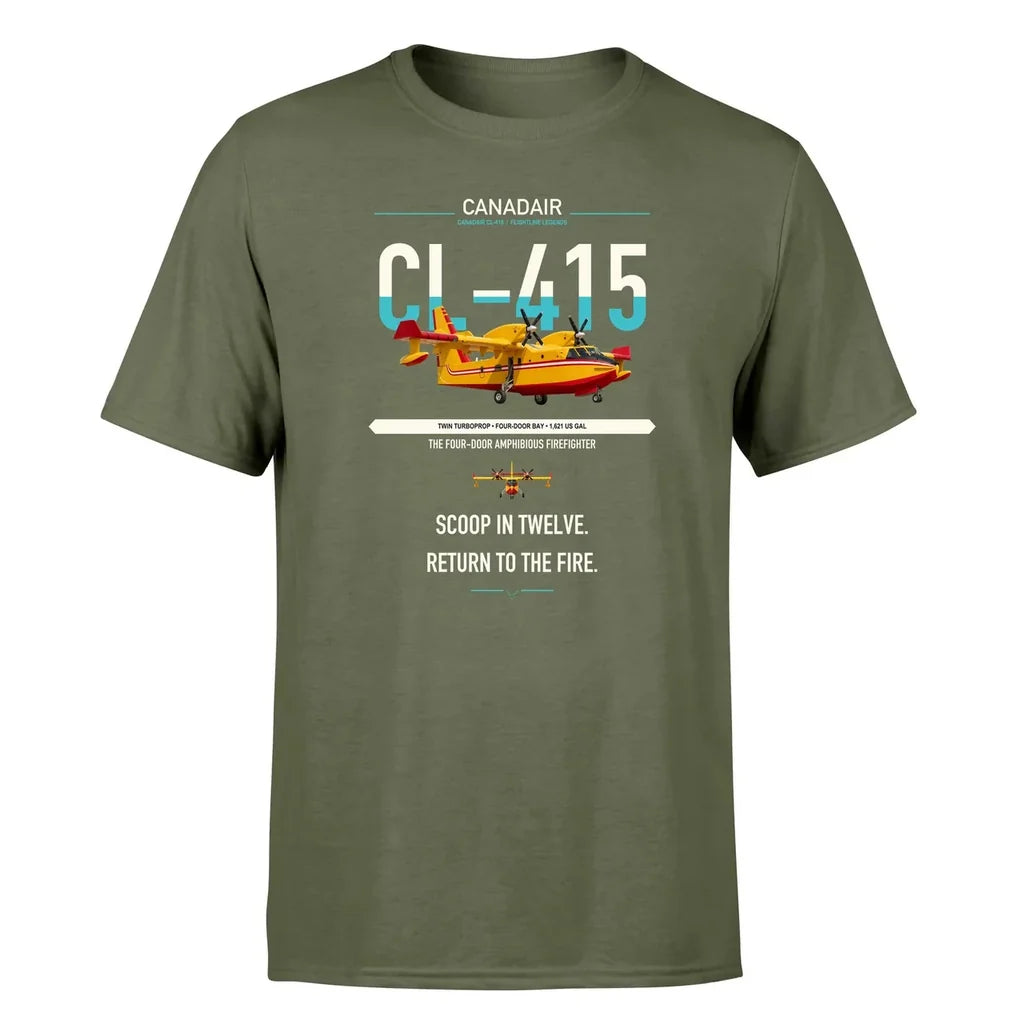 Canadair CL-415 design on green army t-shirt, single-side print