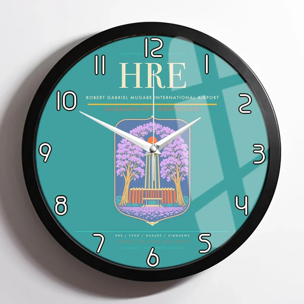 Robert Gabriel Mugabe International Airport (HRE) design on turquoise framed wall clock