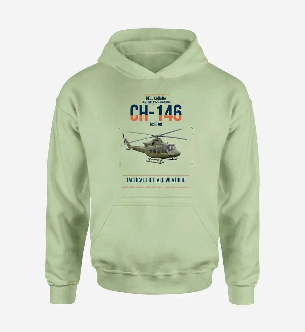 Bell Canada CH-146 Griffon design on light green double-side hoodie, single-side print