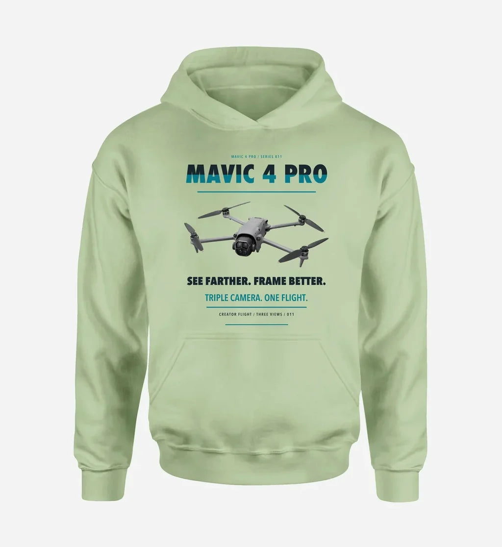 DJI Mavic 4 Pro design on light green hoodie single side