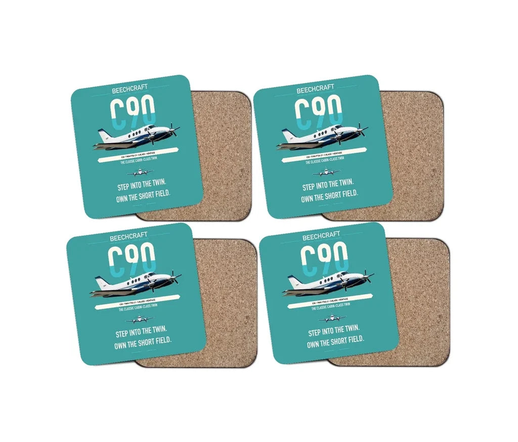 Beechcraft King Air C90 design on turquoise 4 pieces set coaster