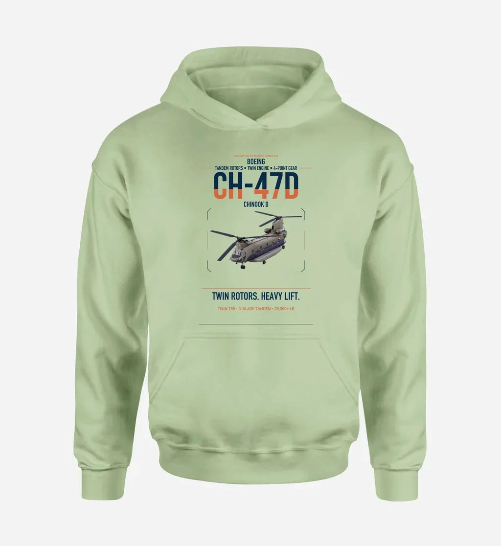 Boeing CH-47D design on light green double-side hoodie, single-side print