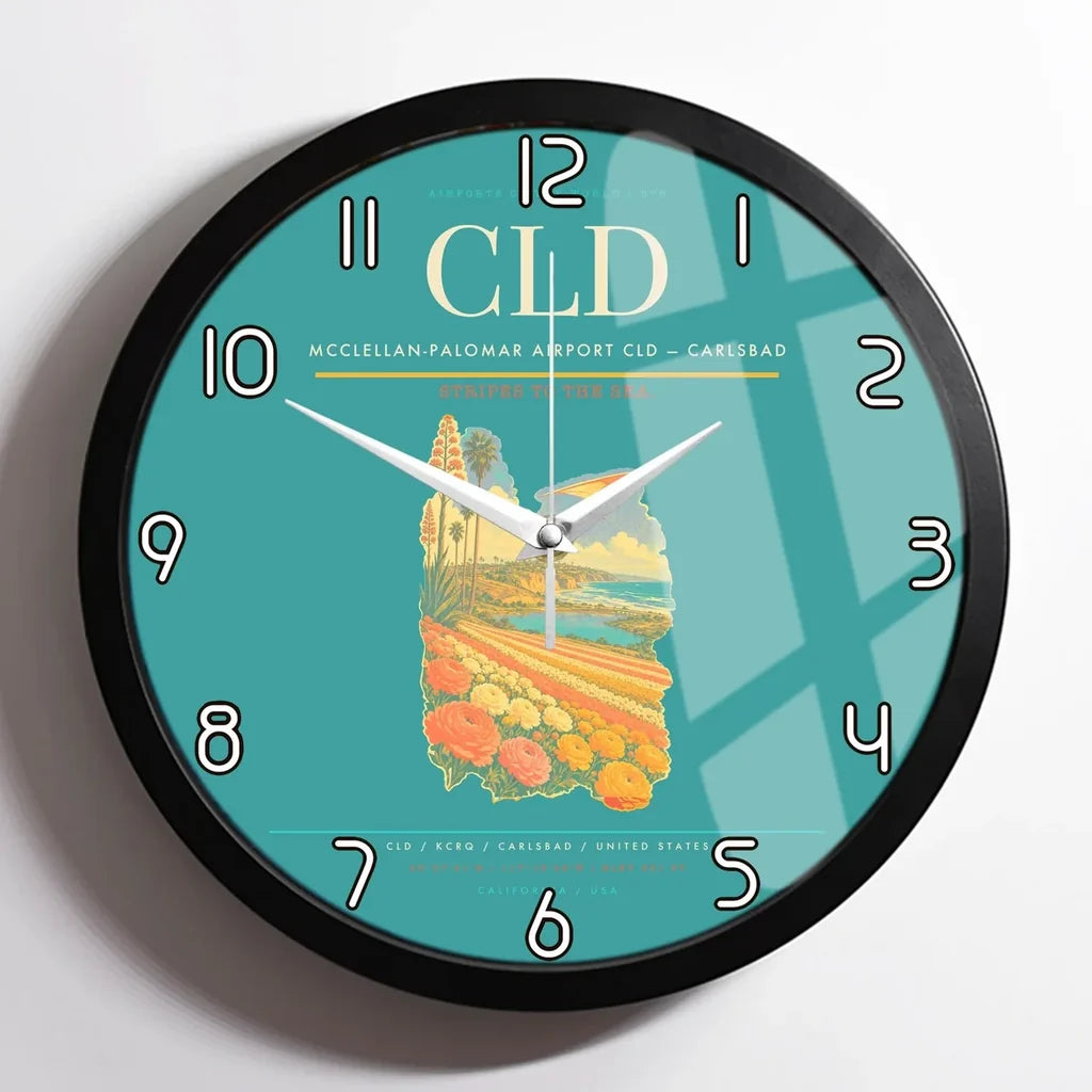 McClellan-Palomar Airport (CLD) design on turquoise framed wall clock