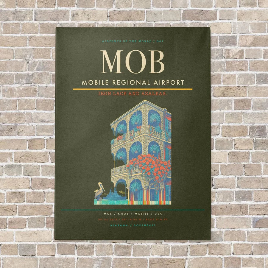 Mobile Regional Airport MOB vertical canvas print - no frame - green army background