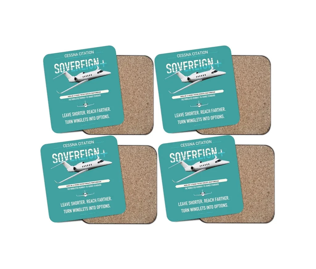 Cessna Citation Sovereign+ design on turquoise 4 pieces set coaster