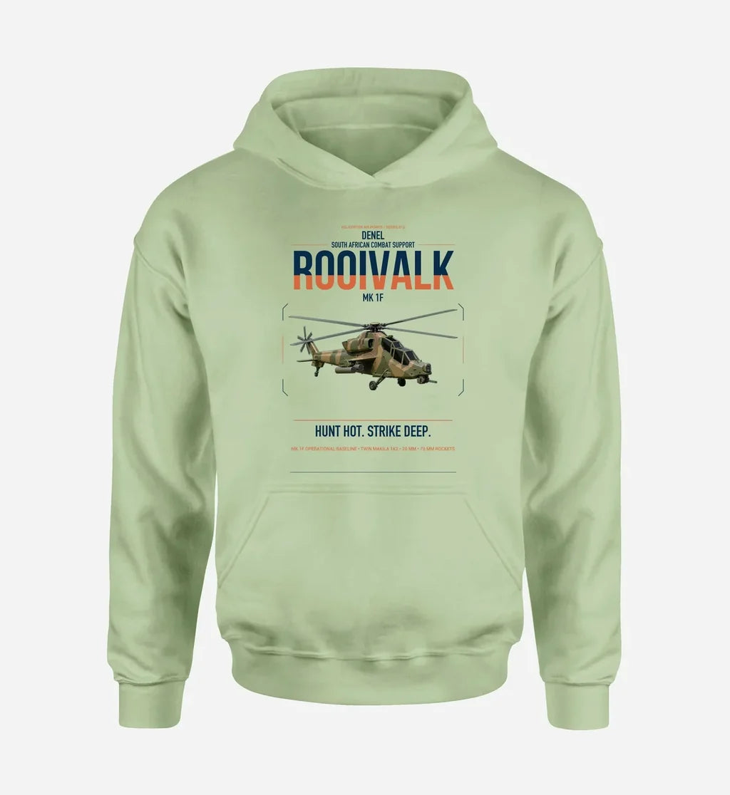 Denel Rooivalk Mk 1F design on light green double-side hoodie, single-side print