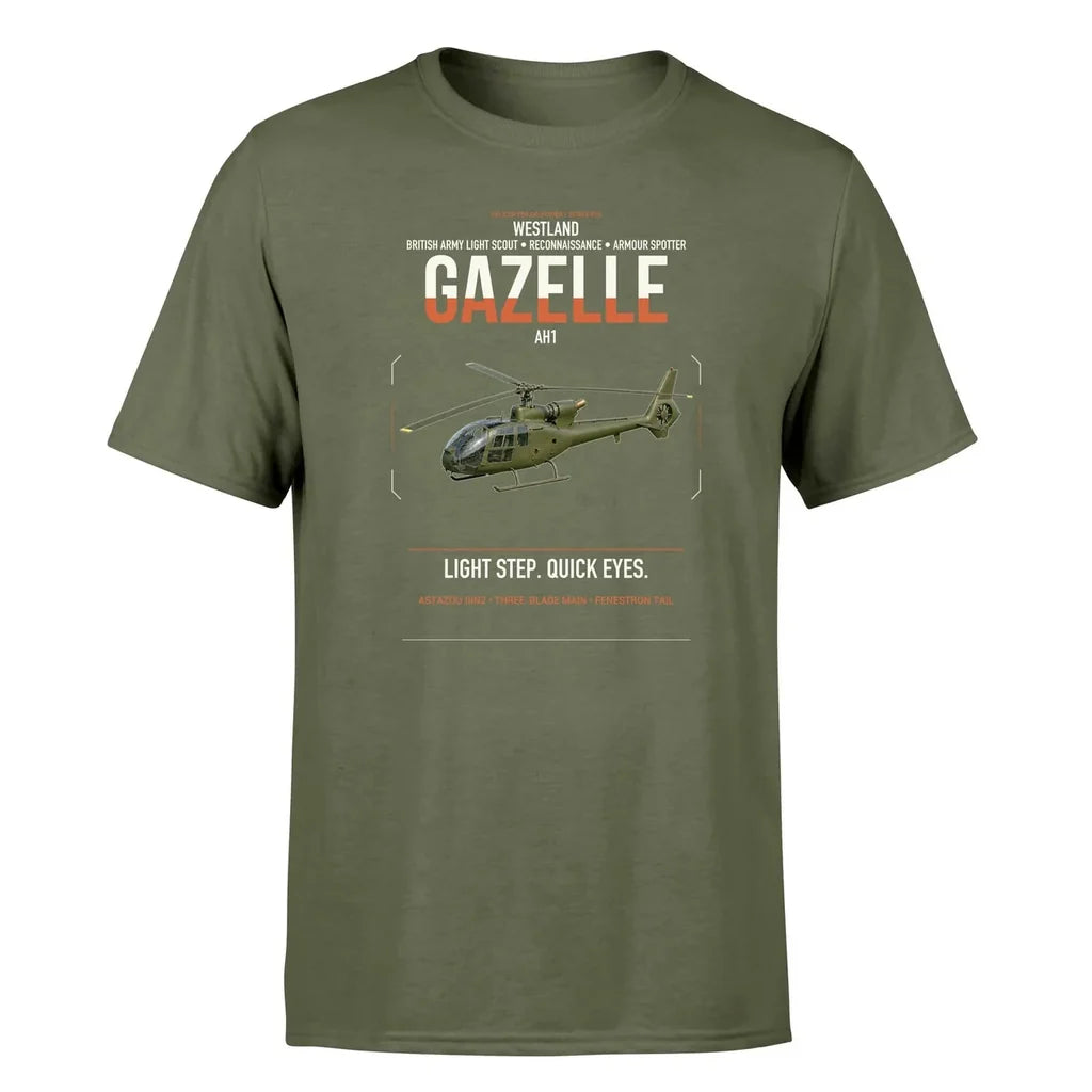 Westland Gazelle AH1 design on green army t-shirt, single-side print