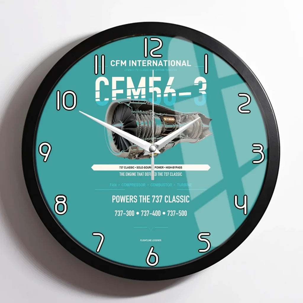 CFM56-3 design on turquoise framed wall clock