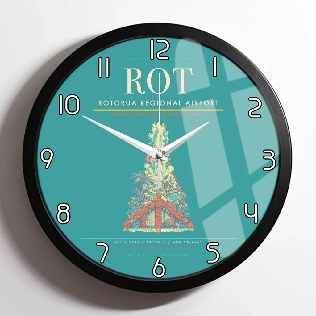 Rotorua Regional Airport (ROT) design on turquoise framed wall clock