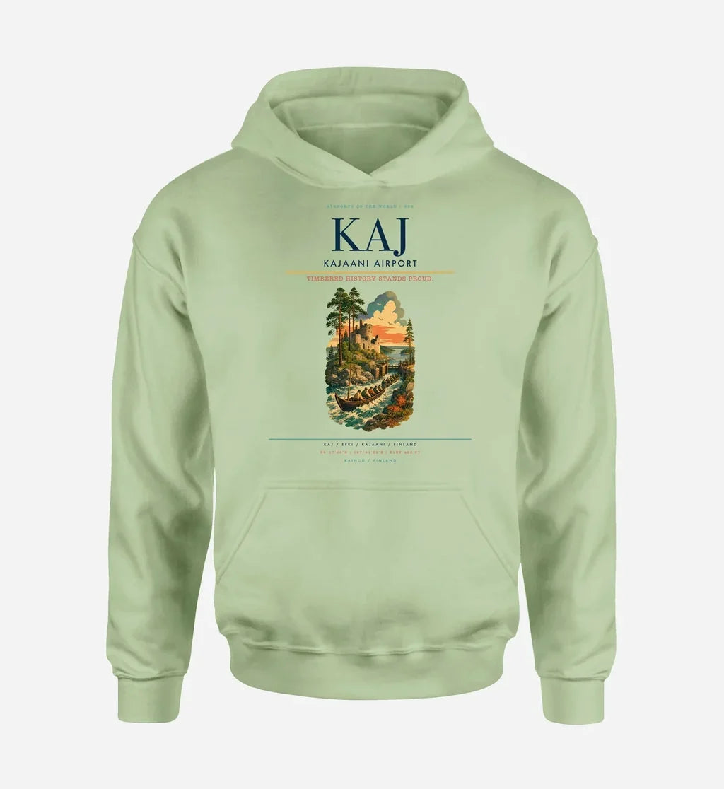 Kajaani Airport (KAJ) design on light green hoodie single-side print