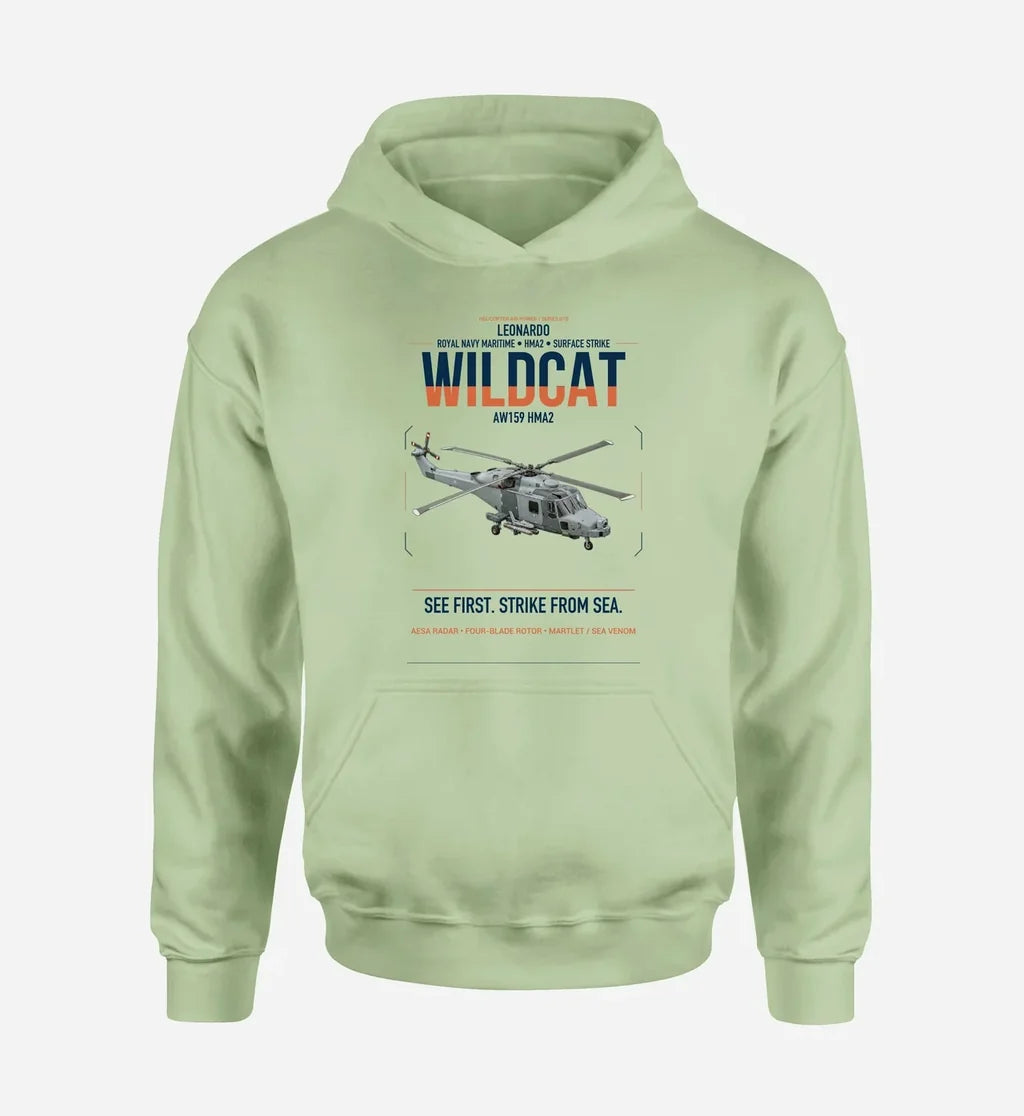 Leonardo AW159 Wildcat HMA2 design on light green double-side hoodie, single-side print