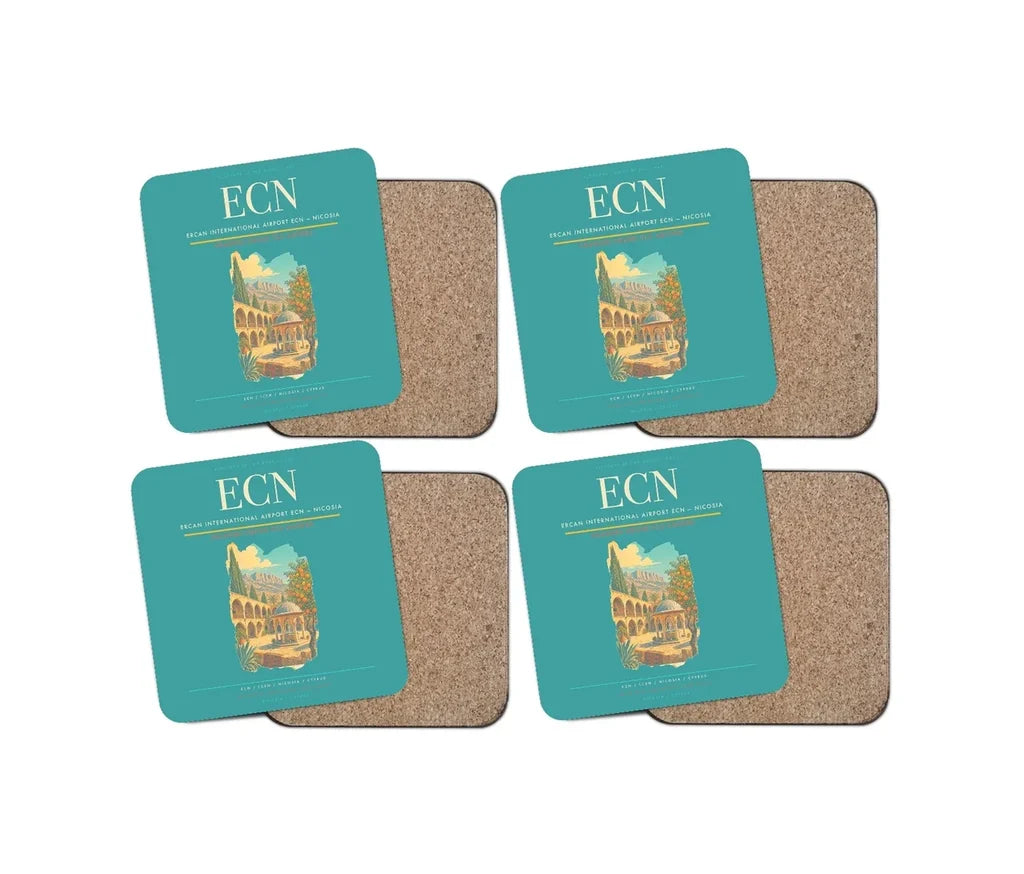 Ercan International Airport (ECN) design on turquoise 4 pieces set coaster