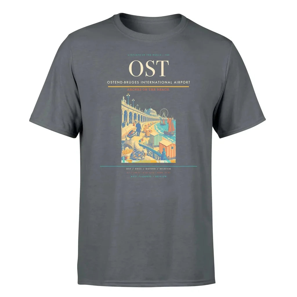 Ostend-Bruges International Airport (OST) T-Shirt single-side front print in Gray | ostend-bruges-international-airport-ost-double-side-t-shirt