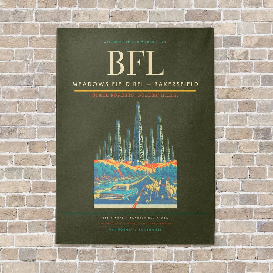 Meadows Field BFL — Bakersfield vertical canvas print - no frame - green army background