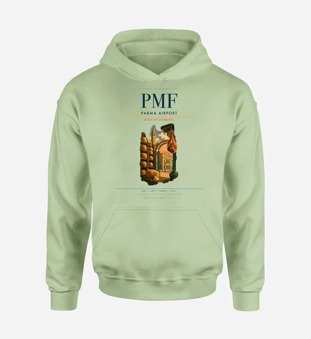 Parma Airport (PMF) design on light green hoodie single-side print