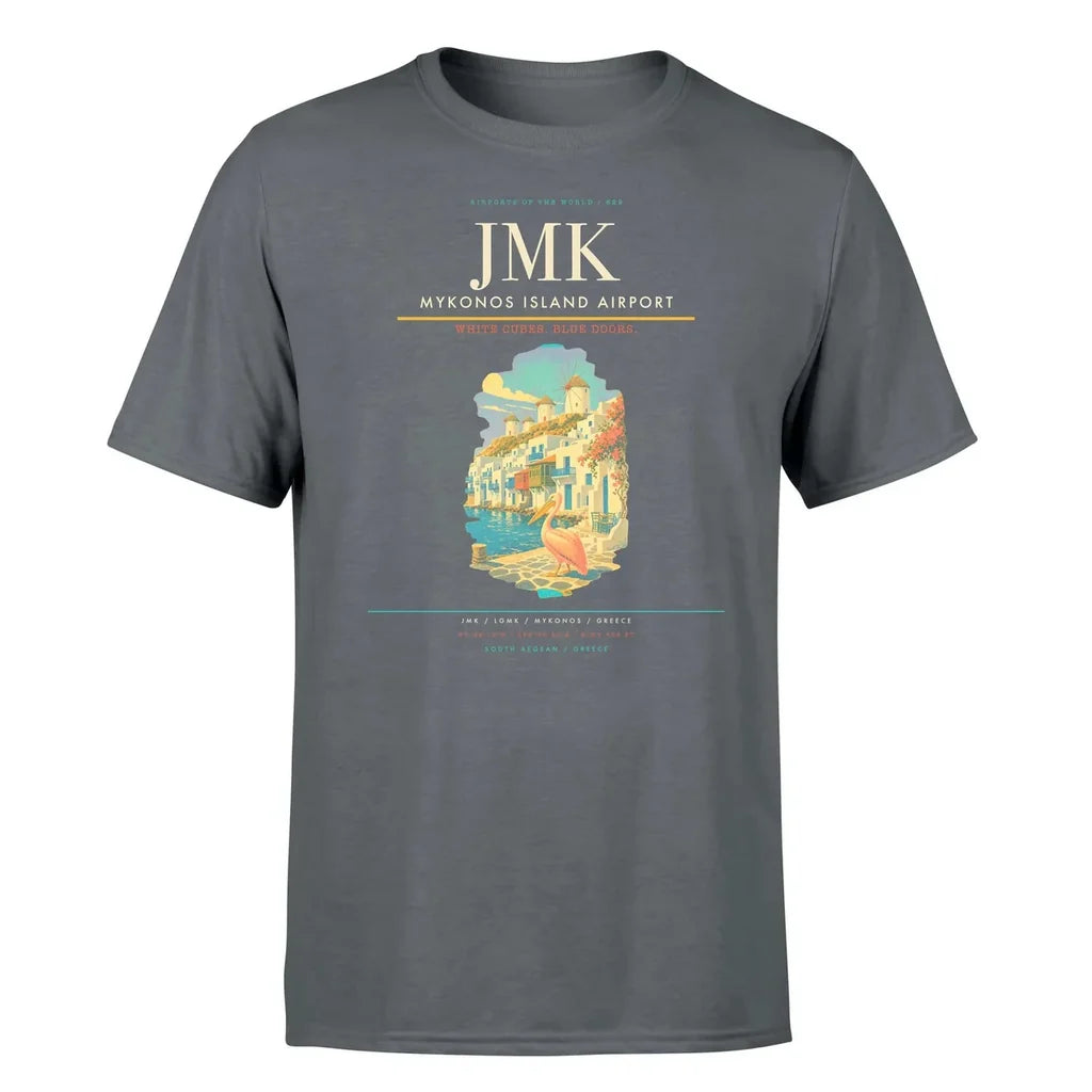 Mykonos Island Airport (JMK) T-Shirt single-side front print in Gray | mykonos-island-airport-jmk-double-side-t-shirt