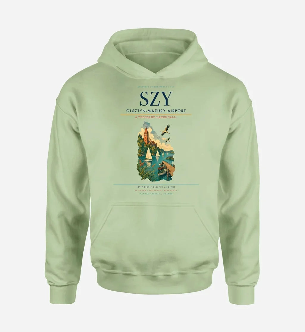 Olsztyn-Mazury Airport (SZY) design on light green hoodie single-side print