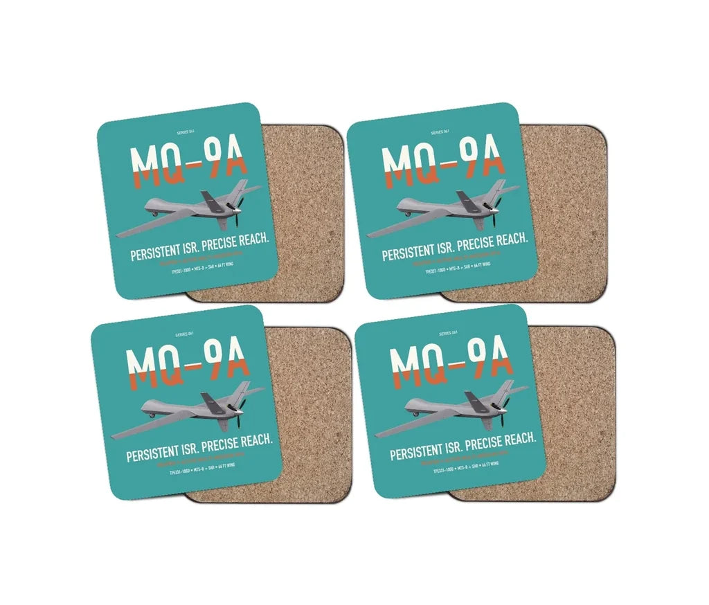 MQ-9A Reaper design on turquoise 4 pieces set coaster