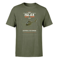 Thumbnail for Hughes OH-6A Cayuse design on green army t-shirt, single-side print