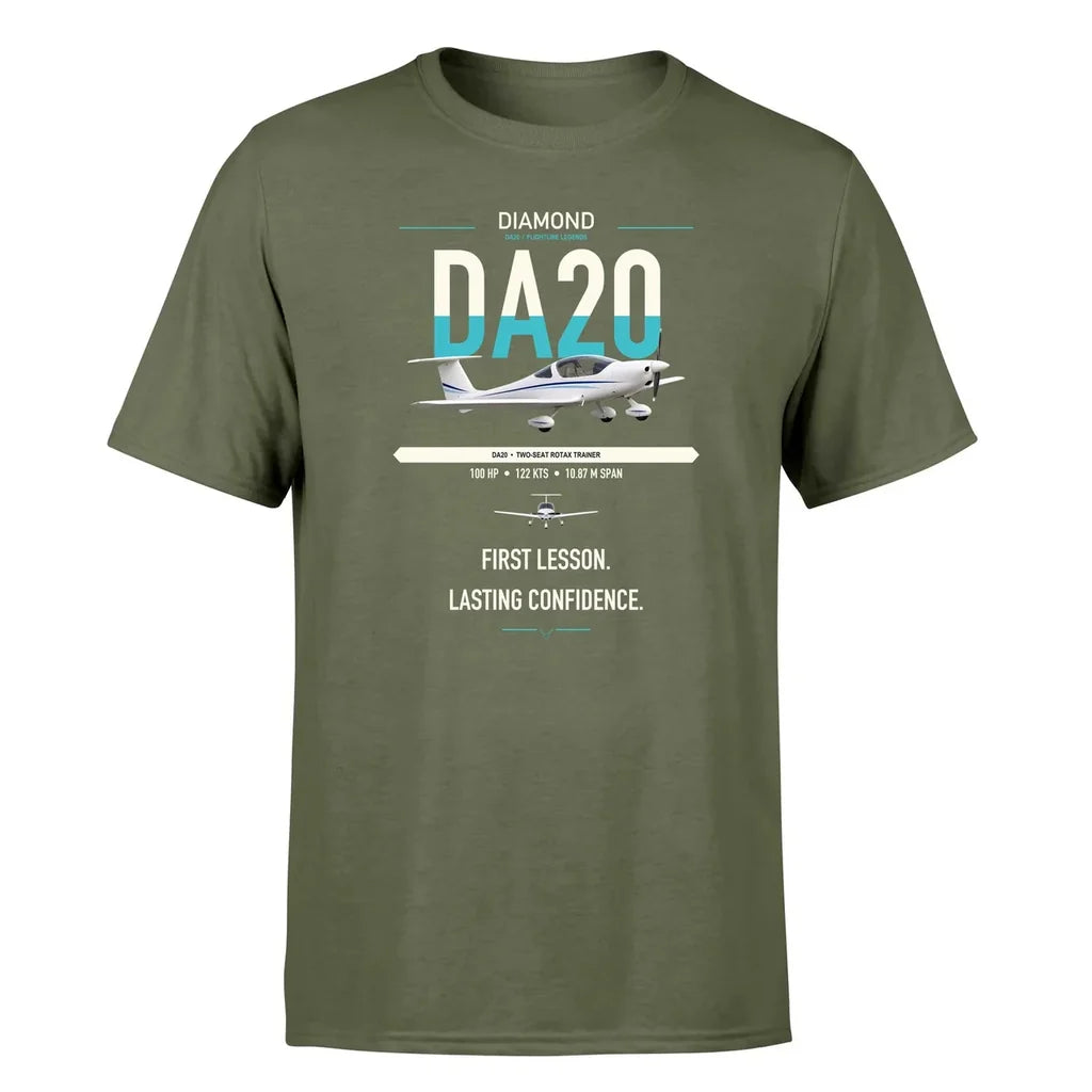 Diamond DA20 design on green army t-shirt, single-side print