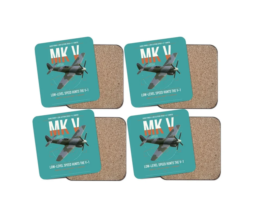 Hawker Tempest Mk V design on turquoise 4 pieces set coaster