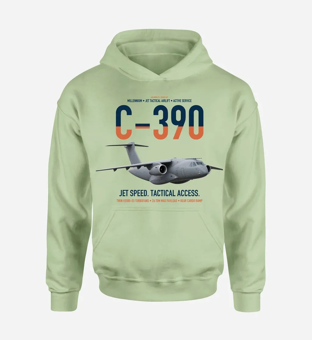 C-390 Millennium design on light green double-side hoodie, single-side print