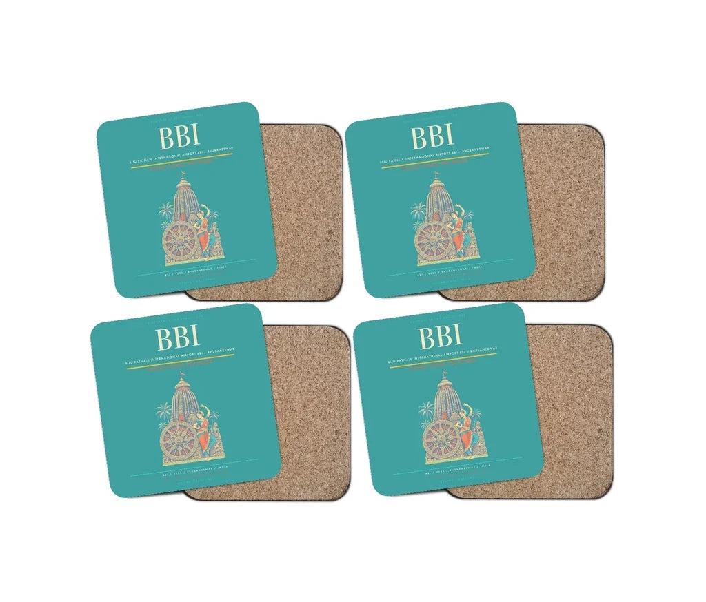 Biju Patnaik International Airport (BBI) design on turquoise 4 pieces set coaster