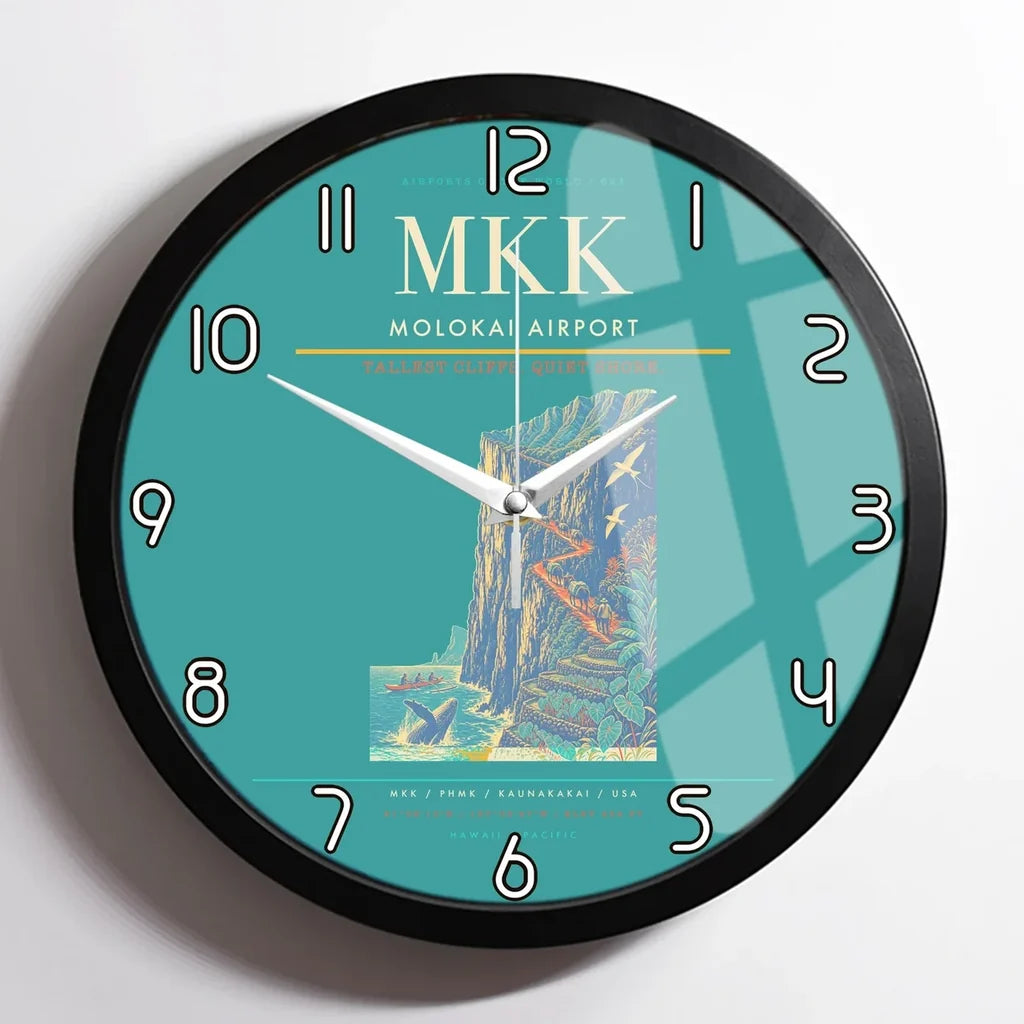 Molokai Airport (MKK) design on turquoise framed wall clock