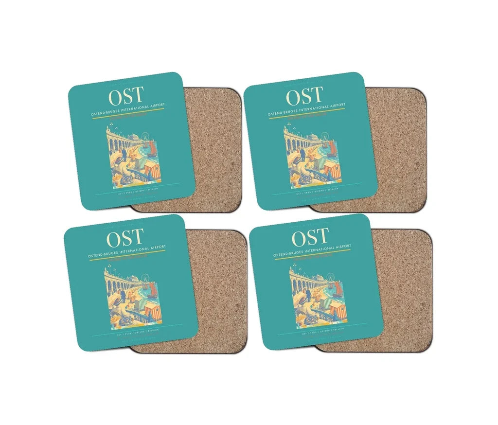 Ostend-Bruges International Airport (OST) design on turquoise 4 pieces set coaster
